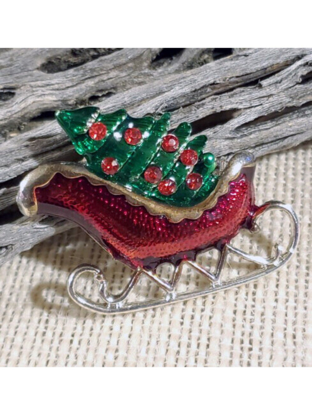 Santa Sleigh & Tree Rhinestone Enamel Christmas Sweater Pin Brooch
